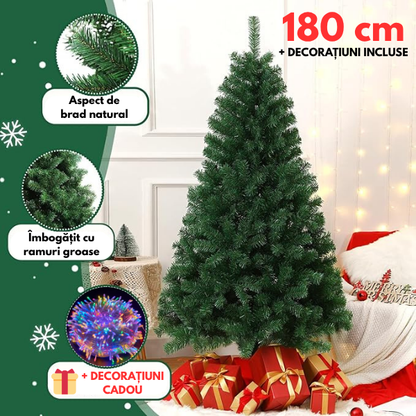 Brad de Crăciun PREMIUM 180cm cu Aspect Natural + Decorațiuni Cadou 🎁