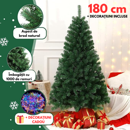 Brad de Crăciun 180cm cu Aspect Natural + Decorațiuni Cadou 🎁