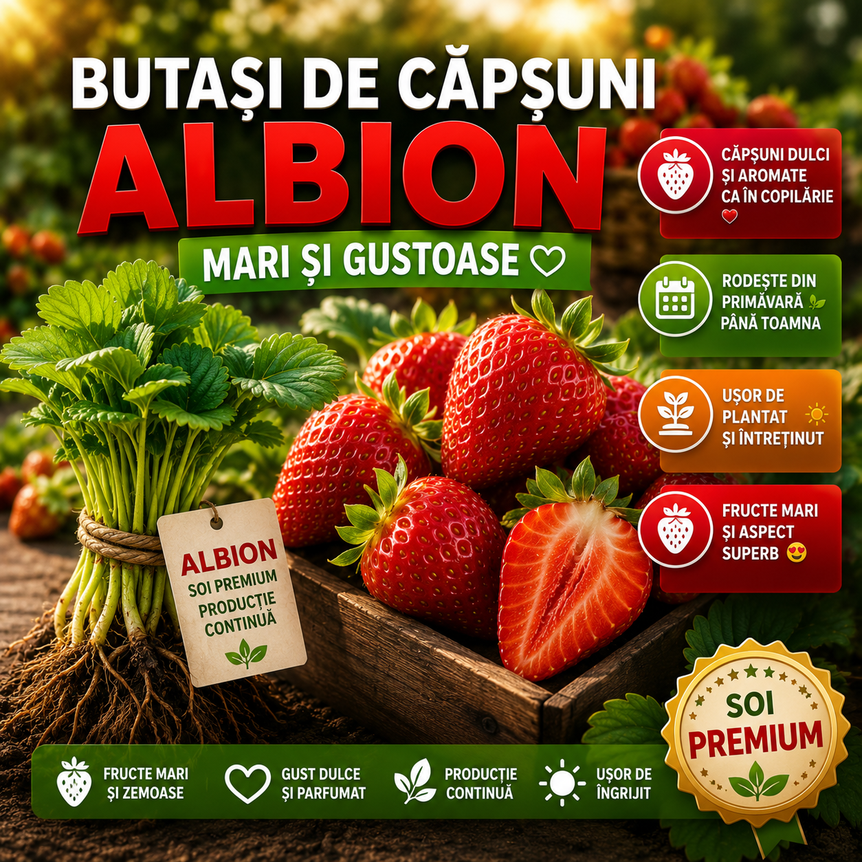 Butași de căpșuni Albion – Mari și Gustoase